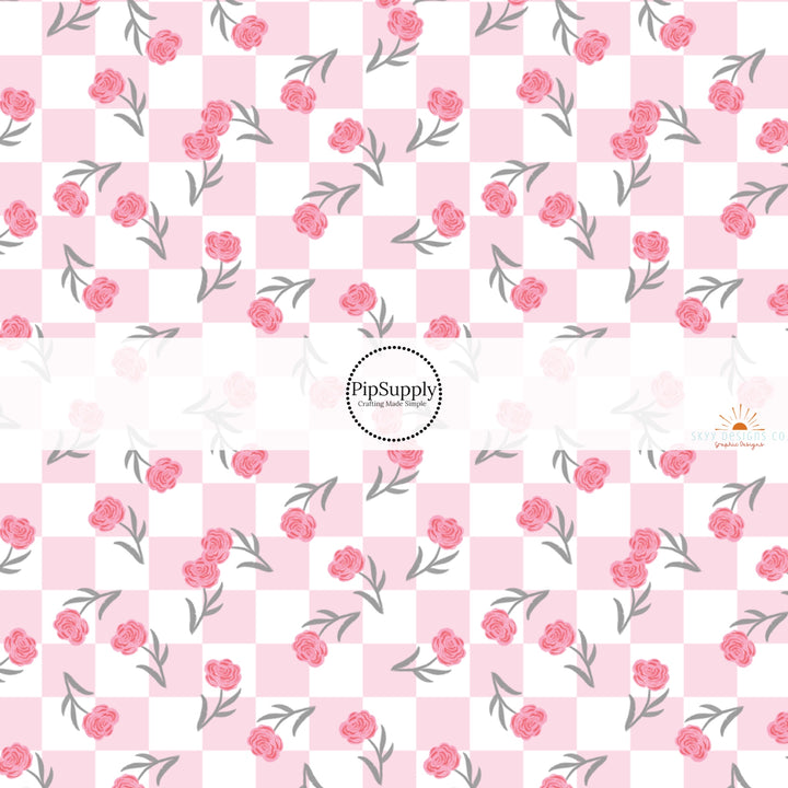 This holiday fabric by the yard features roses surrounded by pink and white checker pattern. This festive pattern fabric can be used for all your sewing and crafting needs!