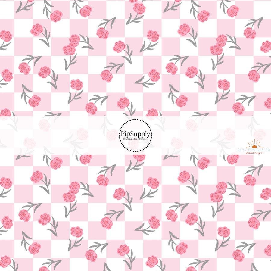 This holiday fabric by the yard features roses surrounded by pink and white checker pattern. This festive pattern fabric can be used for all your sewing and crafting needs!