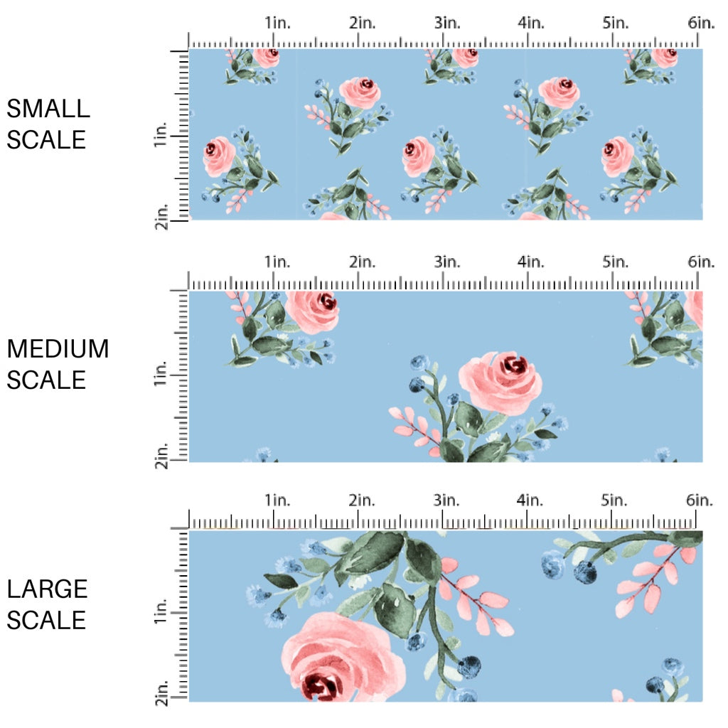 This scale chart of small scale, medium scale, and large scale of this summer fabric by the yard features pink roses on blue. This fun summer themed fabric can be used for all your sewing and crafting needs!