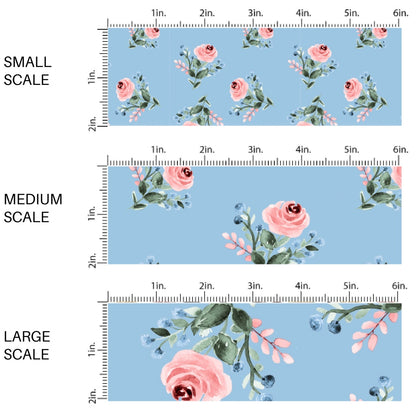 This scale chart of small scale, medium scale, and large scale of this summer fabric by the yard features pink roses on blue. This fun summer themed fabric can be used for all your sewing and crafting needs!