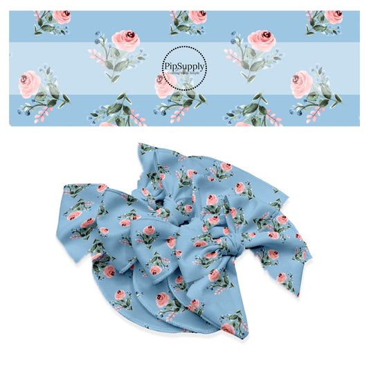 These summer floral themed no sew bow strips can be easily tied and attached to a clip for a finished hair bow. These summer patterned bow strips are great for personal use or to sell. These bow strips feature pink roses on blue.