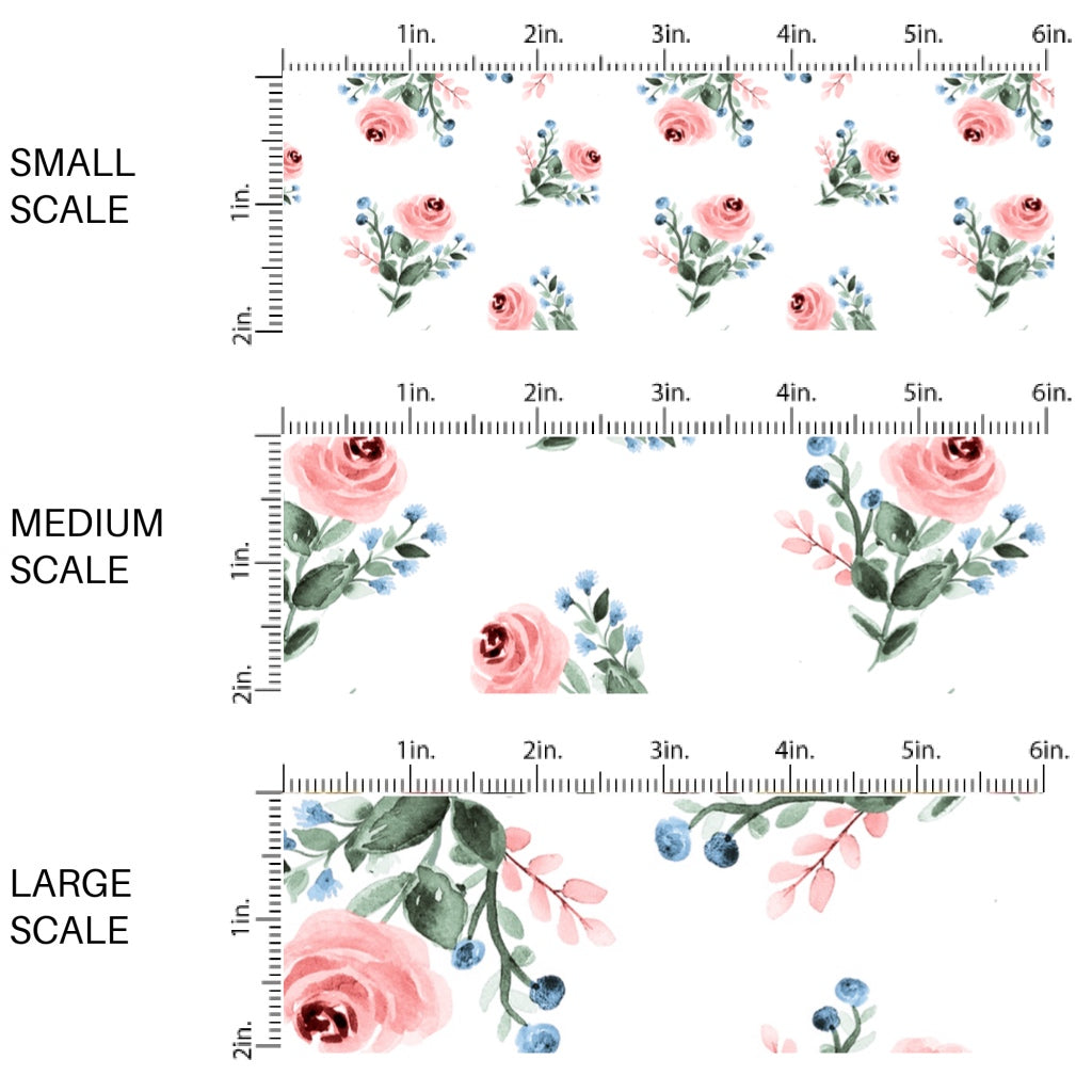 This scale chart of small scale, medium scale, and large scale of this summer fabric by the yard features pink roses on cream. This fun summer themed fabric can be used for all your sewing and crafting needs!