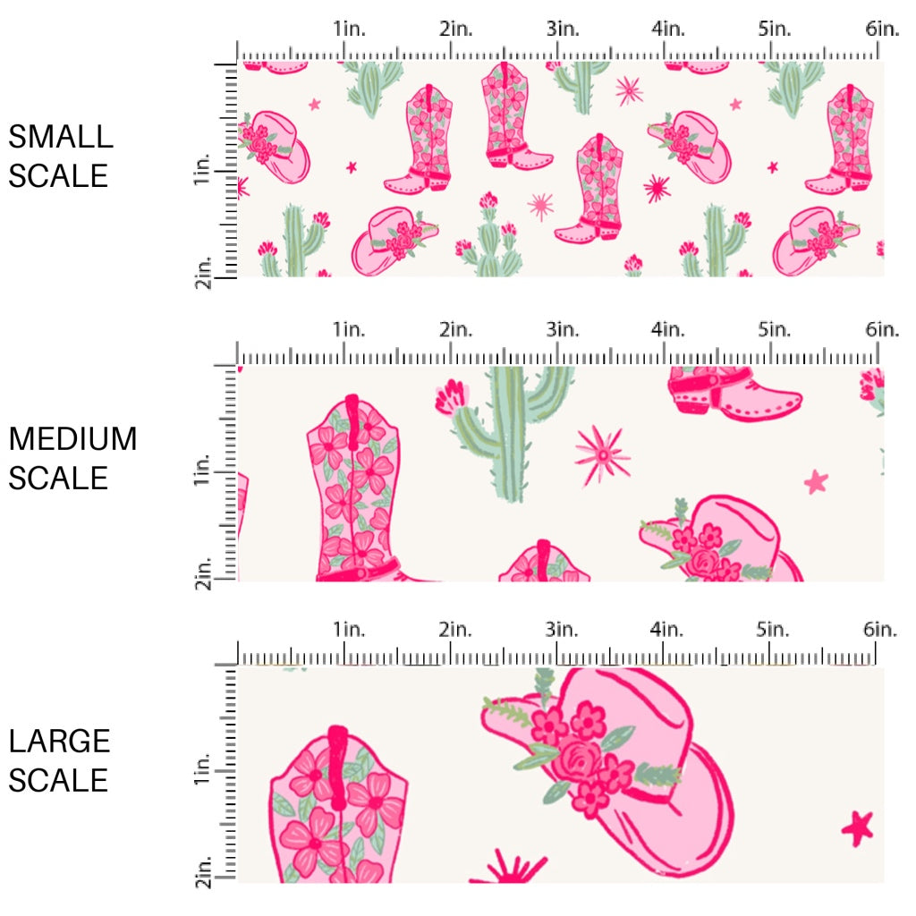 This scale chart of small scale, medium scale, and large scale of this summer fabric by the yard feature pink cowgirl hats and boots. This fun summer western themed fabric can be used for all your sewing and crafting needs!