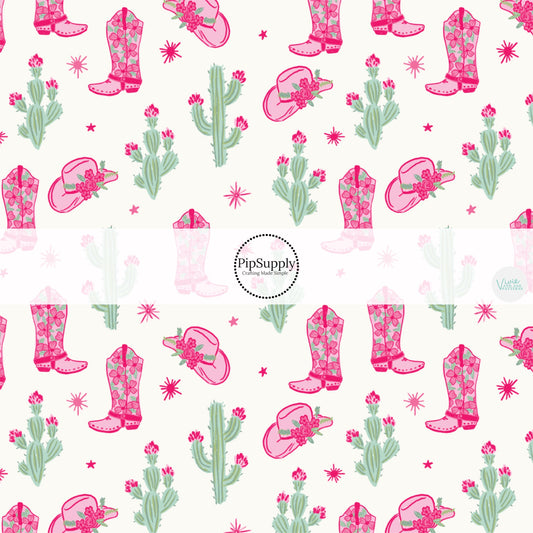 This summer fabric by the yard feature pink cowgirl hats and boots. This fun summer western themed fabric can be used for all your sewing and crafting needs!