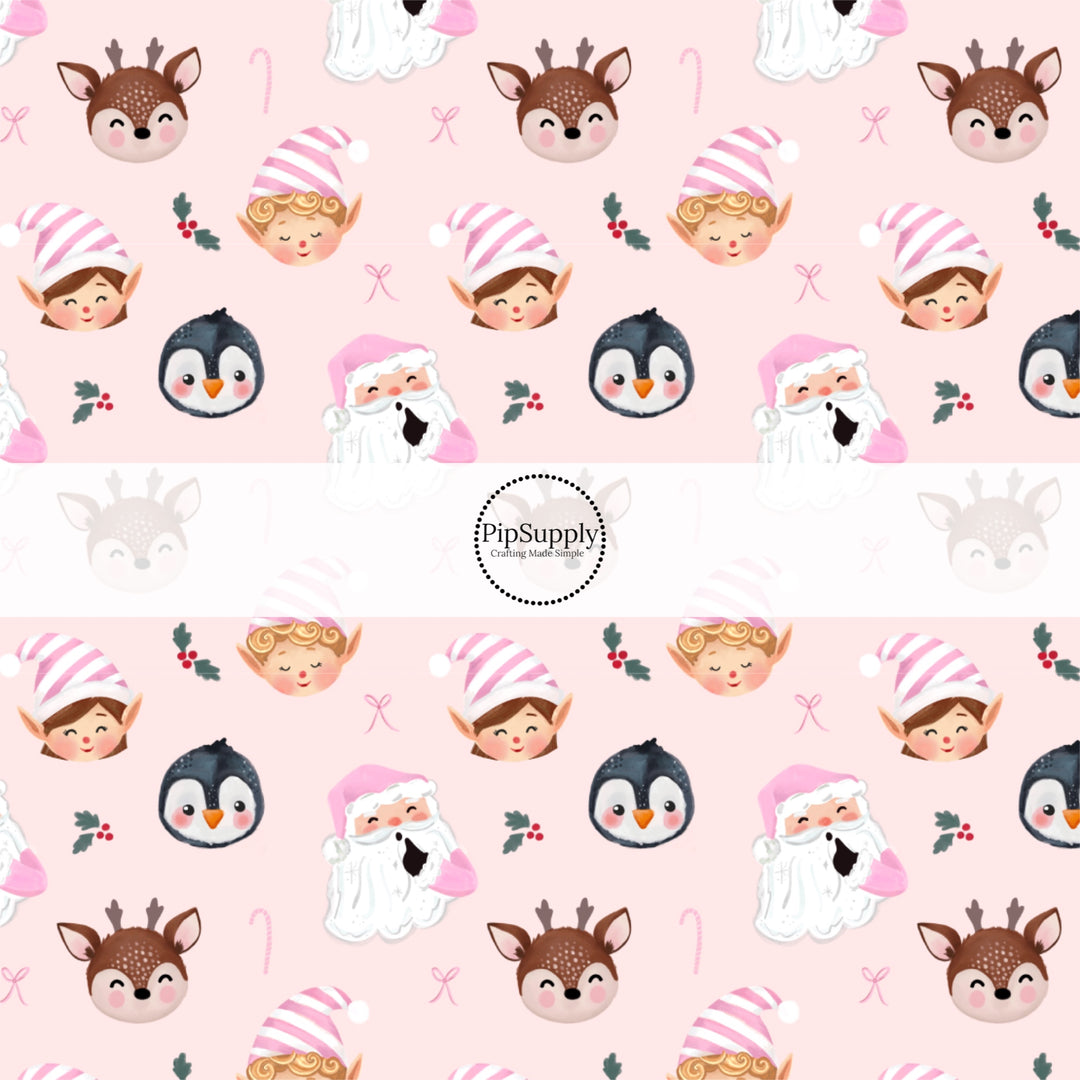 These Santa themed pattern fabric by the yard features the following design elements: Santa, elves, and friends surrounded by candy canes on pink. This fun themed fabric can be used for all your sewing and crafting needs!