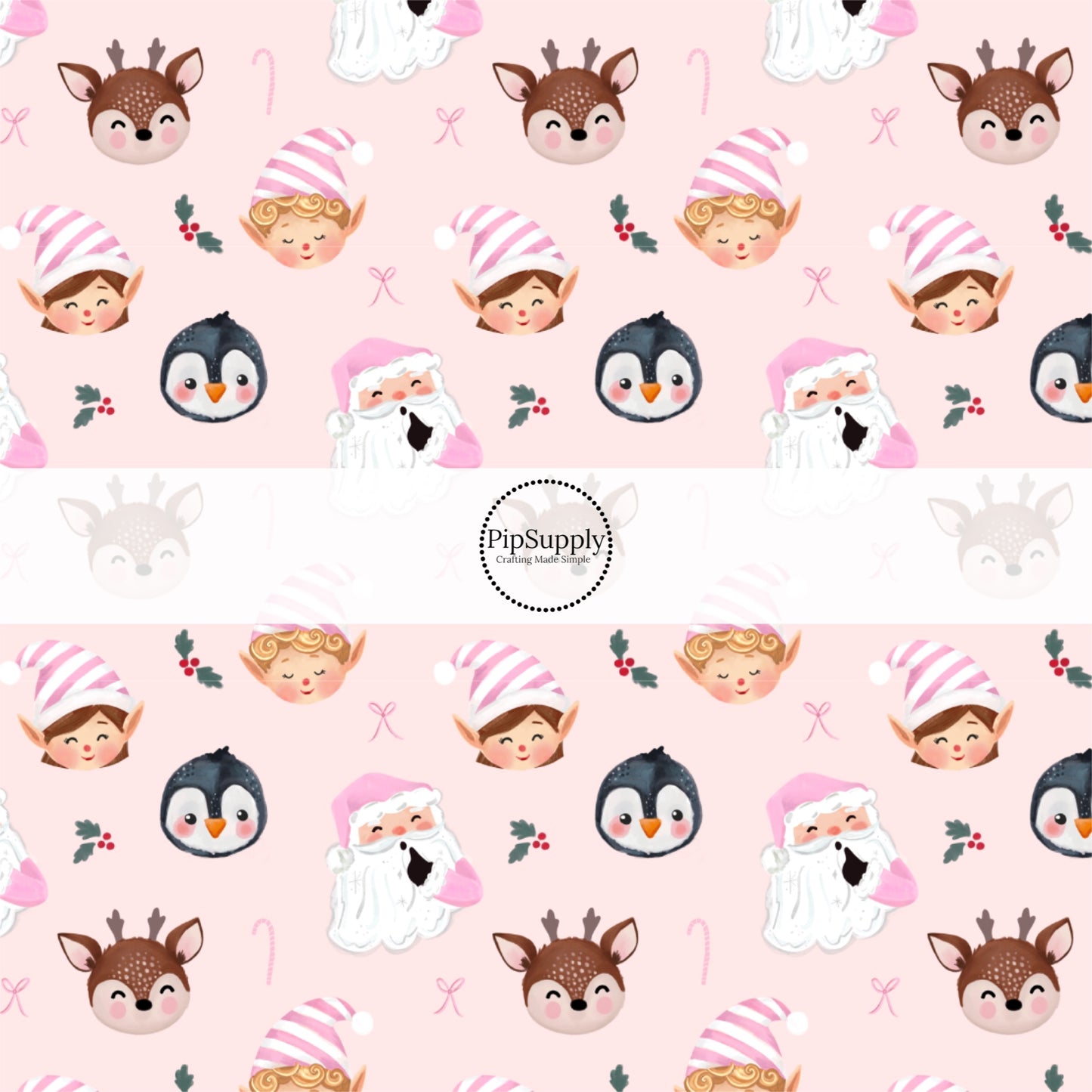 These Santa themed pattern fabric by the yard features the following design elements: Santa, elves, and friends surrounded by candy canes on pink. This fun themed fabric can be used for all your sewing and crafting needs!