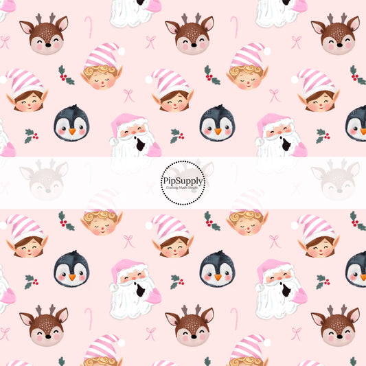 These Santa themed pattern fabric by the yard features the following design elements: Santa, elves, and friends surrounded by candy canes on pink. This fun themed fabric can be used for all your sewing and crafting needs!