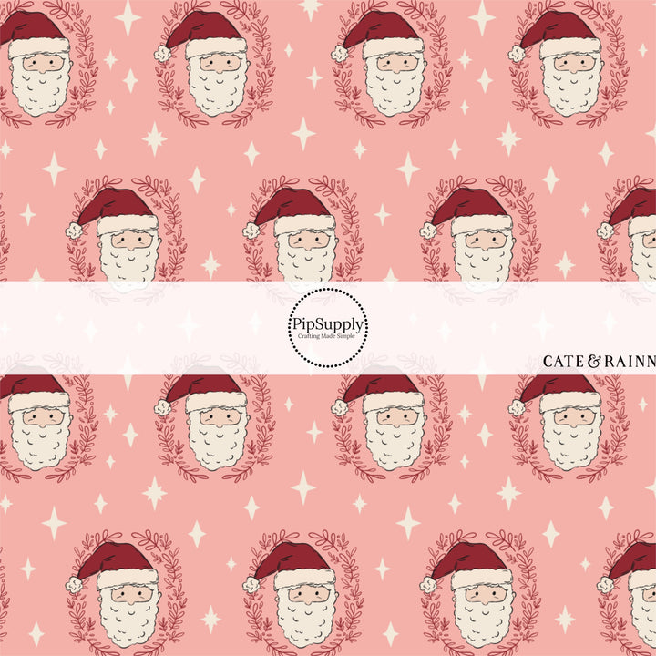 These Christmas Santa themed pattern fabric by the yard features the following design elements: Santa surrounded by stars on pink. This fun themed fabric can be used for all your sewing and crafting needs!