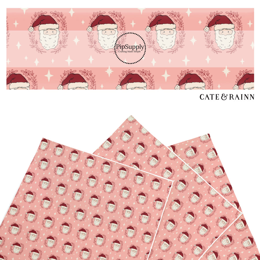 These Christmas Santa themed pattern faux leather sheets contain the following design elements: Santa surrounded by stars on pink. Our CPSIA compliant faux leather sheets or rolls can be used for all types of crafting projects.