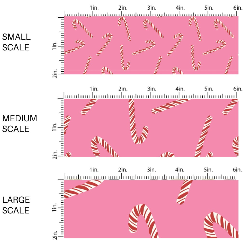 These Christmas themed pattern fabric by the yard features the following design elements: candy canes on pink. This fun themed fabric can be used for all your sewing and crafting needs!