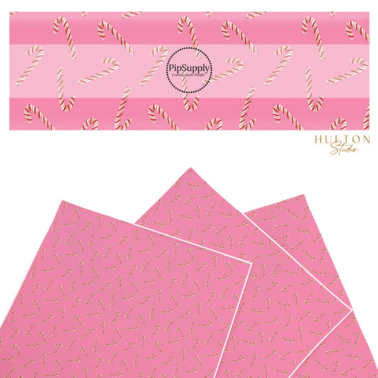 These Christmas themed pattern faux leather sheets contain the following design elements: candy canes on pink. Our CPSIA compliant faux leather sheets or rolls can be used for all types of crafting projects.