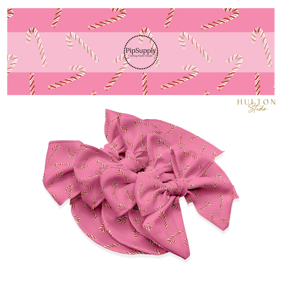 These Christmas themed no sew bow strips can be easily tied and attached to a clip for a finished hair bow. These fun patterned bow strips are great for personal use or to sell. These bow strips feature the following design elements: candy canes on pink.