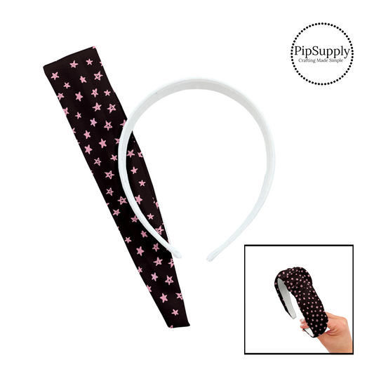 Scattered drawn pink stars on black knotted headband kit