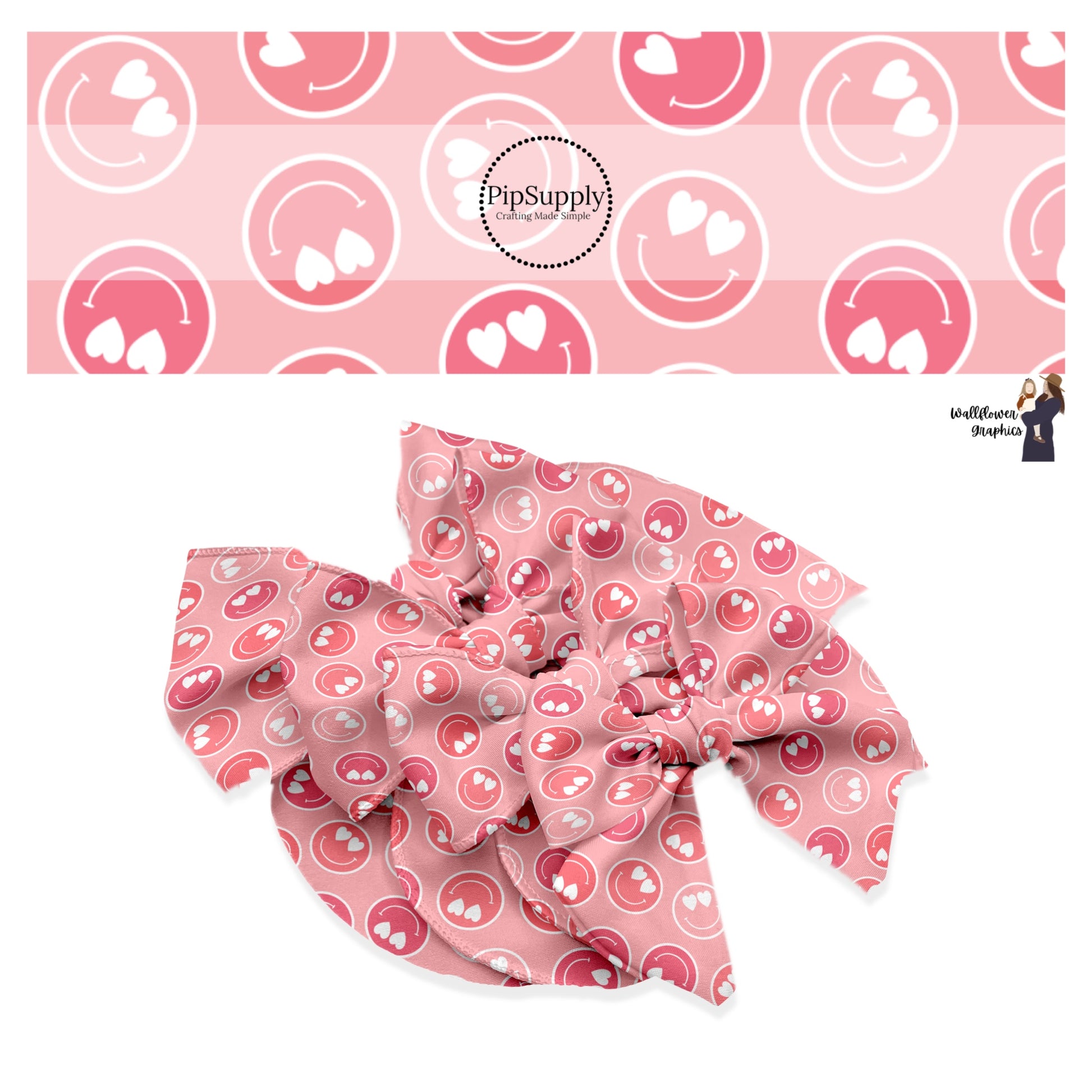 pink multi heart eye smiley faces on pink hair bow strips