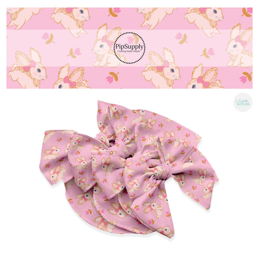 These spring pattern themed no sew bow strips can be easily tied and attached to a clip for a finished hair bow. These patterned bow strips are great for personal use or to sell. These bow strips features pink tulips surrounding cream bunnies on light pink. 