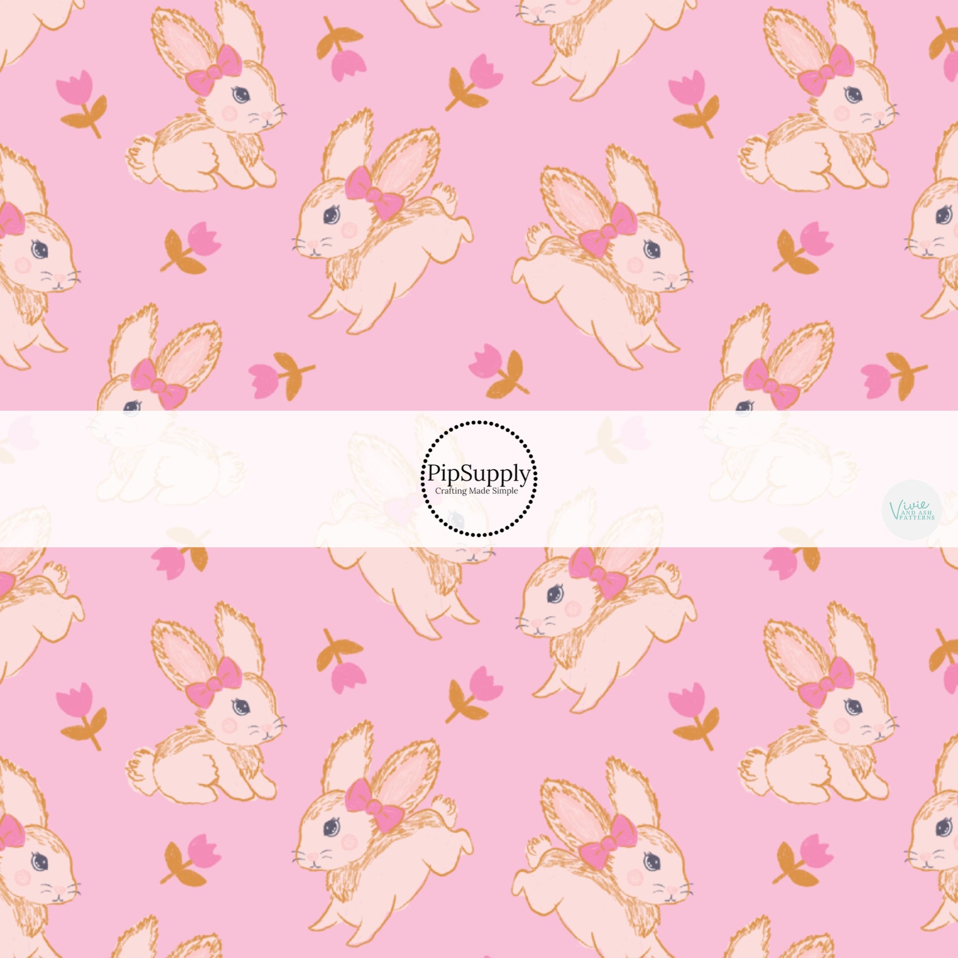 These spring patterned headband kits are easy to assemble and come with everything you need to make your own knotted headband. These kits include a custom printed and sewn fabric strip and a coordinating velvet headband. This cute pattern features pink tulips surrounding cream bunnies on light pink. 