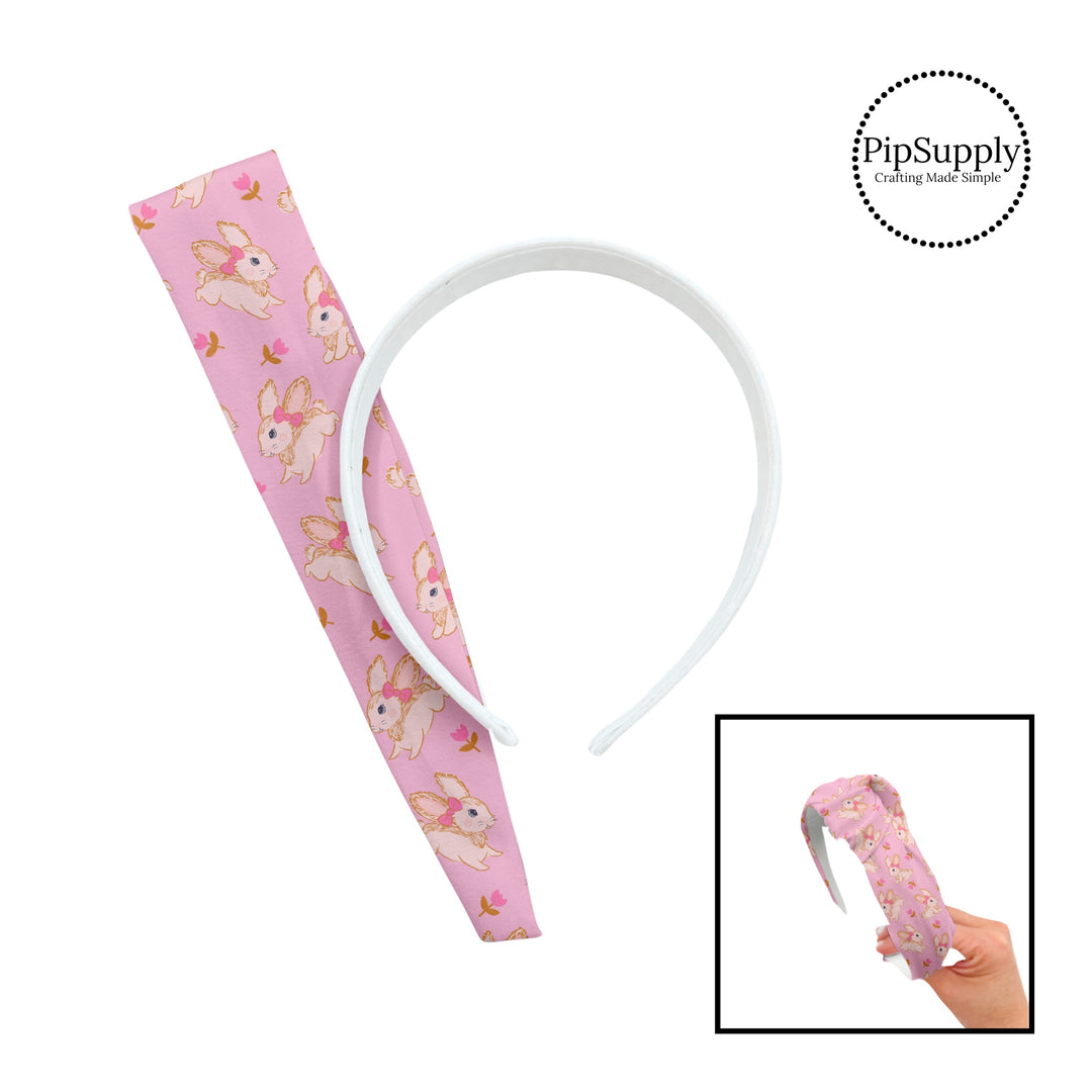 These spring patterned headband kits are easy to assemble and come with everything you need to make your own knotted headband. These kits include a custom printed and sewn fabric strip and a coordinating velvet headband. This cute pattern features pink tulips surrounding cream bunnies on light pink. 