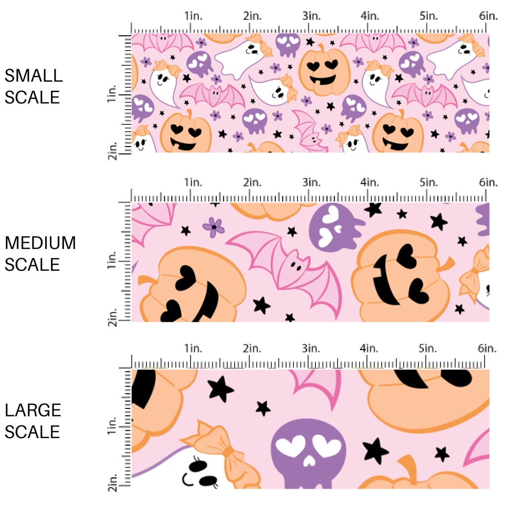 These Halloween themed pattern fabric by the yard features the following design elements: ghost with bows, pink bats, and smiley pumpkins on light pink. This fun spooky themed fabric can be used for all your sewing and crafting needs!