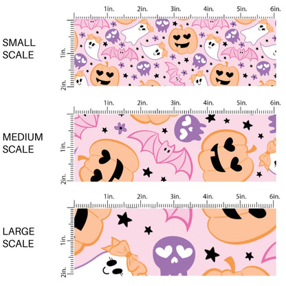 These Halloween themed pattern fabric by the yard features the following design elements: ghost with bows, pink bats, and smiley pumpkins on light pink. This fun spooky themed fabric can be used for all your sewing and crafting needs!