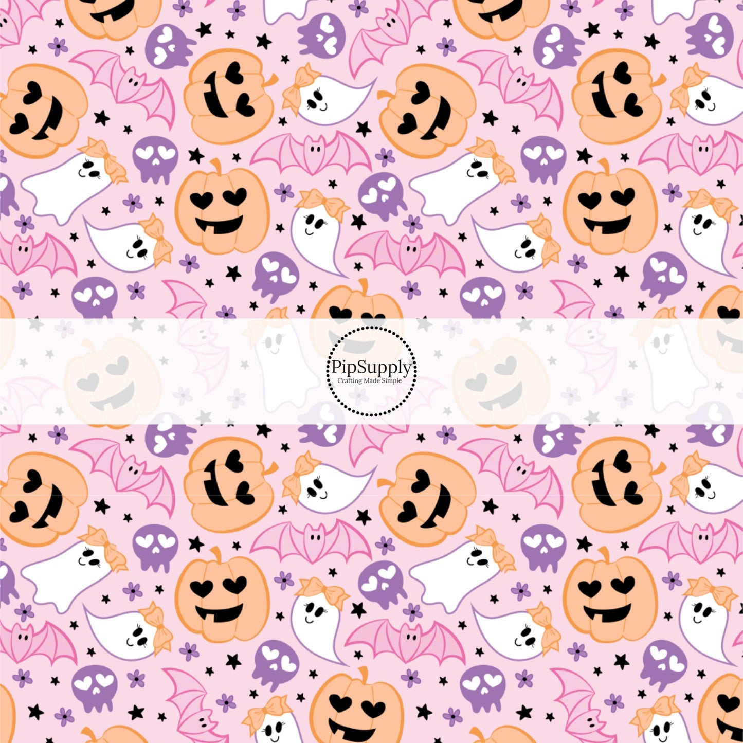 These Halloween themed pattern fabric by the yard features the following design elements: ghost with bows, pink bats, and smiley pumpkins on light pink. This fun spooky themed fabric can be used for all your sewing and crafting needs!