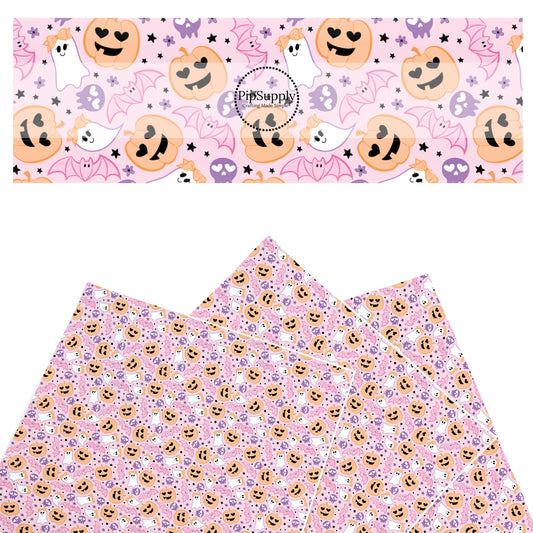 These Halloween themed pattern faux leather sheets contain the following design elements: ghost with bows, pink bats, and smiley pumpkins on light pink. Our CPSIA compliant faux leather sheets or rolls can be used for all types of crafting projects.