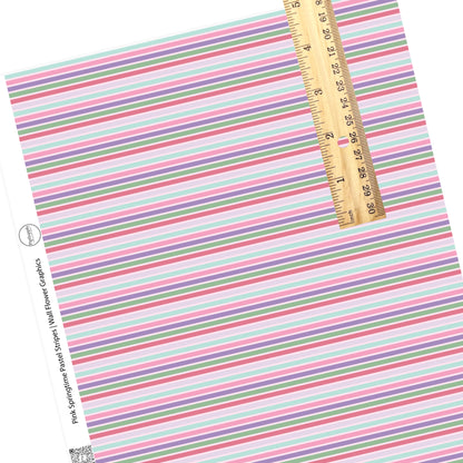 These spring stripe pattern themed faux leather sheets contain the following design elements: pastel pink, purple, and green stripes on light pink. Our CPSIA compliant faux leather sheets or rolls can be used for all types of crafting projects.