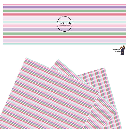 These spring stripe pattern themed faux leather sheets contain the following design elements: pastel pink, purple, and green stripes on light pink. Our CPSIA compliant faux leather sheets or rolls can be used for all types of crafting projects.