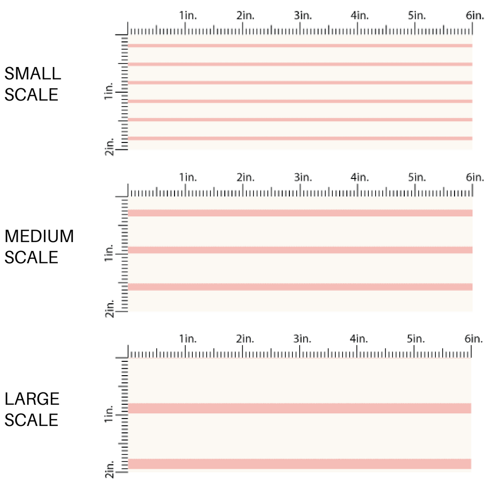 This scale chart of small scale, medium scale, and large scale of these stripe themed cream fabric by the yard features light pink pinstripes on cream. This fun stripe themed fabric can be used for all your sewing and crafting needs! 