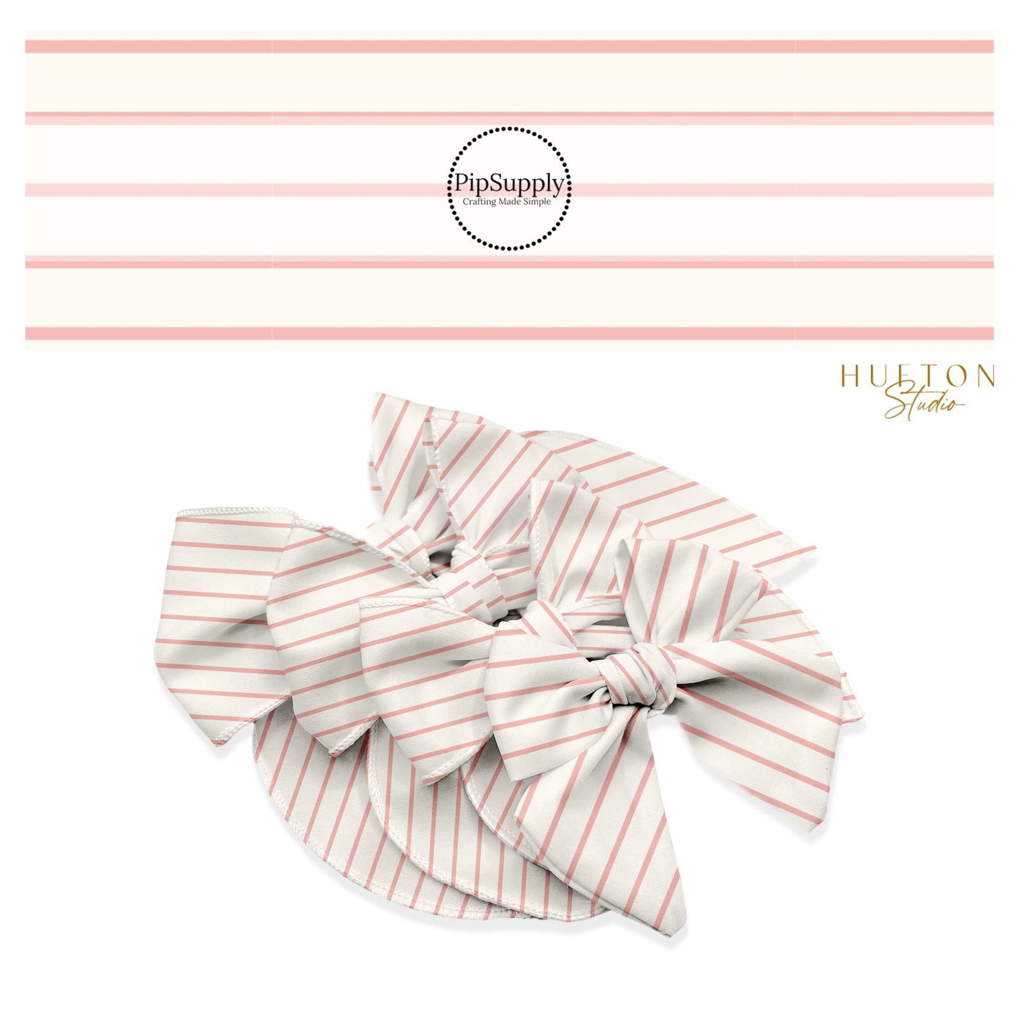These stripe themed cream no sew bow strips can be easily tied and attached to a clip for a finished hair bow. These fun stripe themed bow strips features light pink pinstripes on cream are great for personal use or to sell.