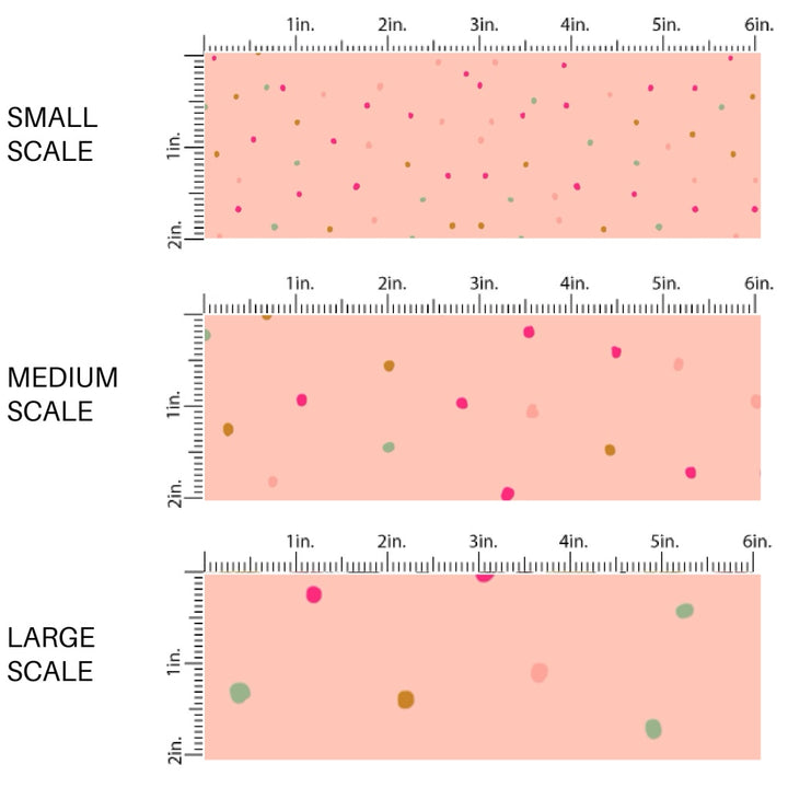 This scale chart of small scale, medium scale, and large scale of this celebration fabric by the yard features colorful dots on light pink. This fun birthday themed fabric can be used for all your sewing and crafting needs!