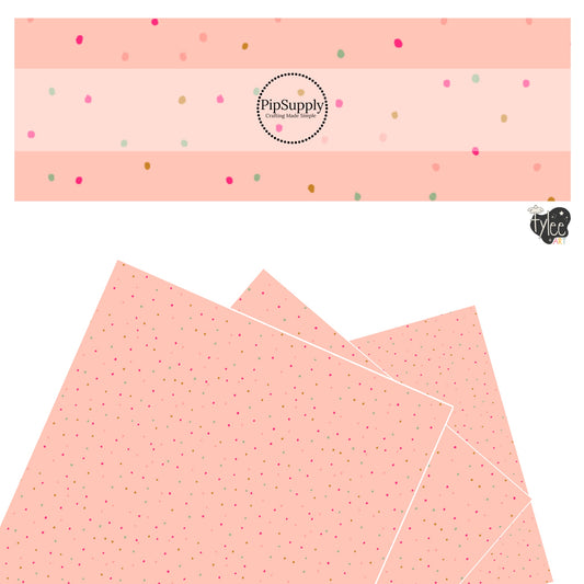 These celebration faux leather sheets contain the following design elements: colorful dots on light pink. Our CPSIA compliant faux leather sheets or rolls can be used for all types of crafting projects.