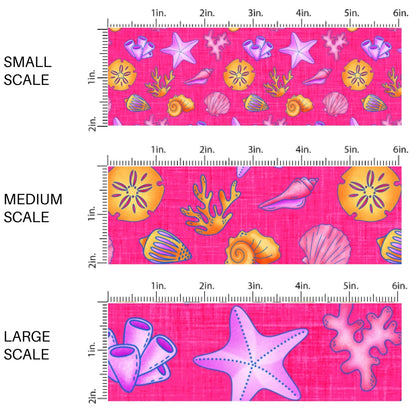 This scale chart of small scale, medium scale, and large scale of this summer fabric by the yard features multi colored seashells on pink. This fun summer themed fabric can be used for all your sewing and crafting needs!