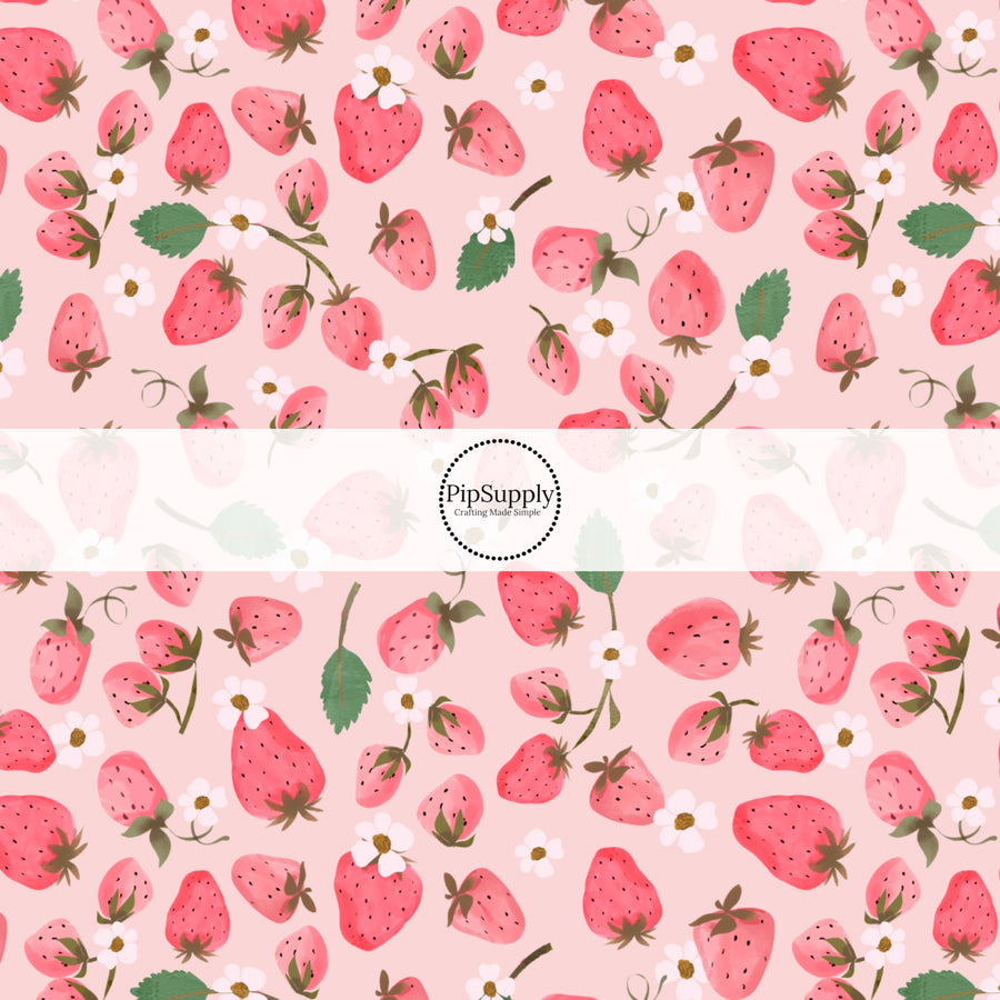 These fruit and flower themed fabric by the yard features strawberries and tiny flowers on pink. This fun pattern fabric can be used for all your sewing and crafting needs!