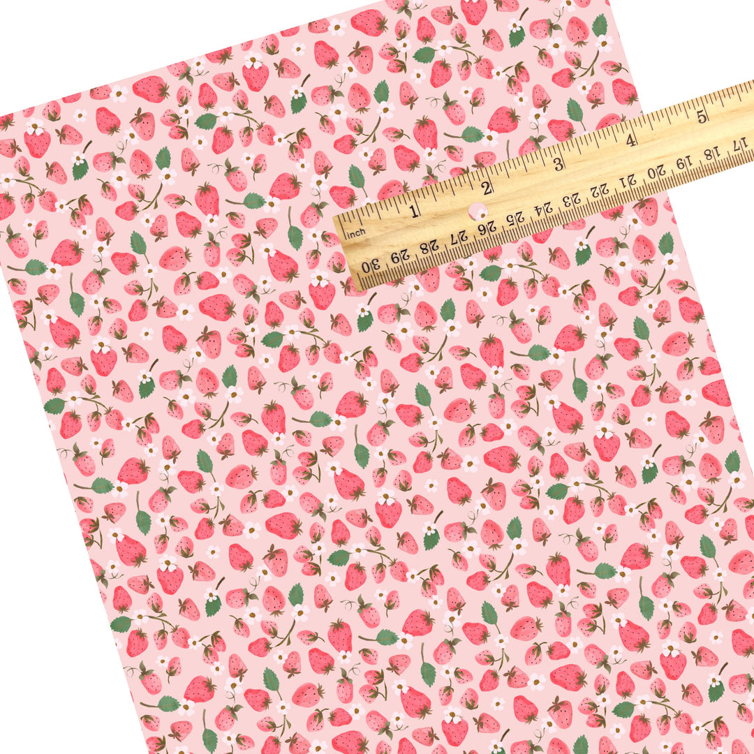 These fruit and flower themed faux leather sheets contain the following design elements: strawberries and tiny flowers on pink. Our CPSIA compliant faux leather sheets or rolls can be used for all types of crafting projects.