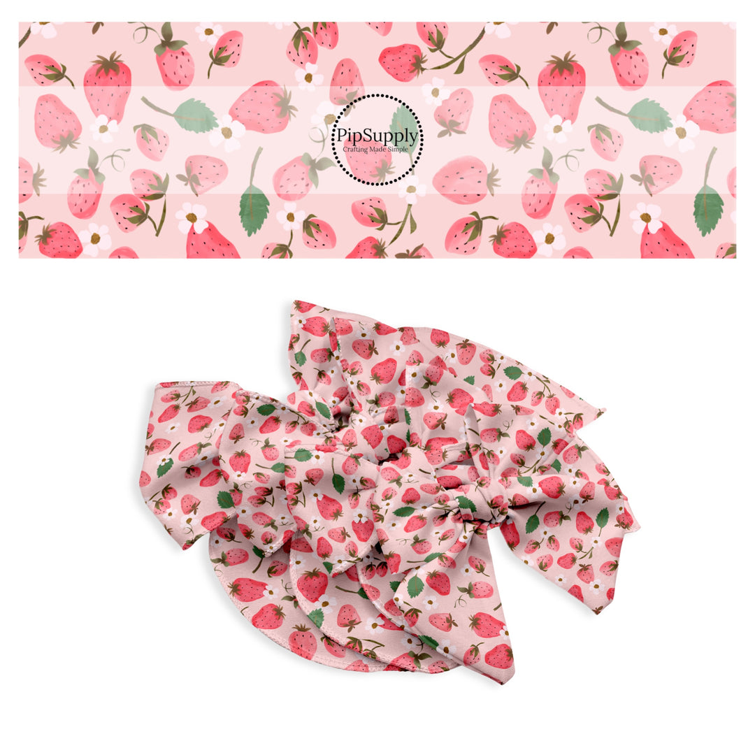 These fruit and flower themed no sew bow strips can be easily tied and attached to a clip for a finished hair bow. These bow strips are great for personal use or to sell. These bow strips feature the following design elements: strawberries and tiny flowers on pink.