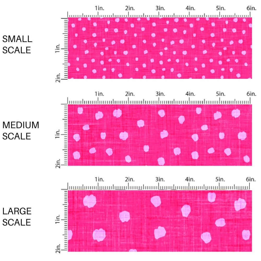 This scale chart of small scale, medium scale, and large scale of this summer fabric by the yard features bright pink dots. This fun summer themed fabric can be used for all your sewing and crafting needs!