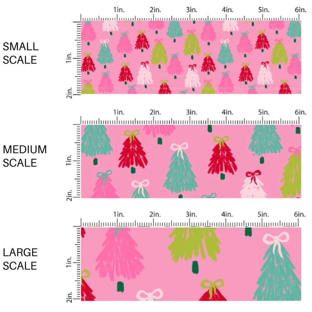 These winter Christmas tree themed pattern fabric by the yard features the following design elements: colorful Christmas trees with bows on pink. This fun themed fabric can be used for all your sewing and crafting needs!