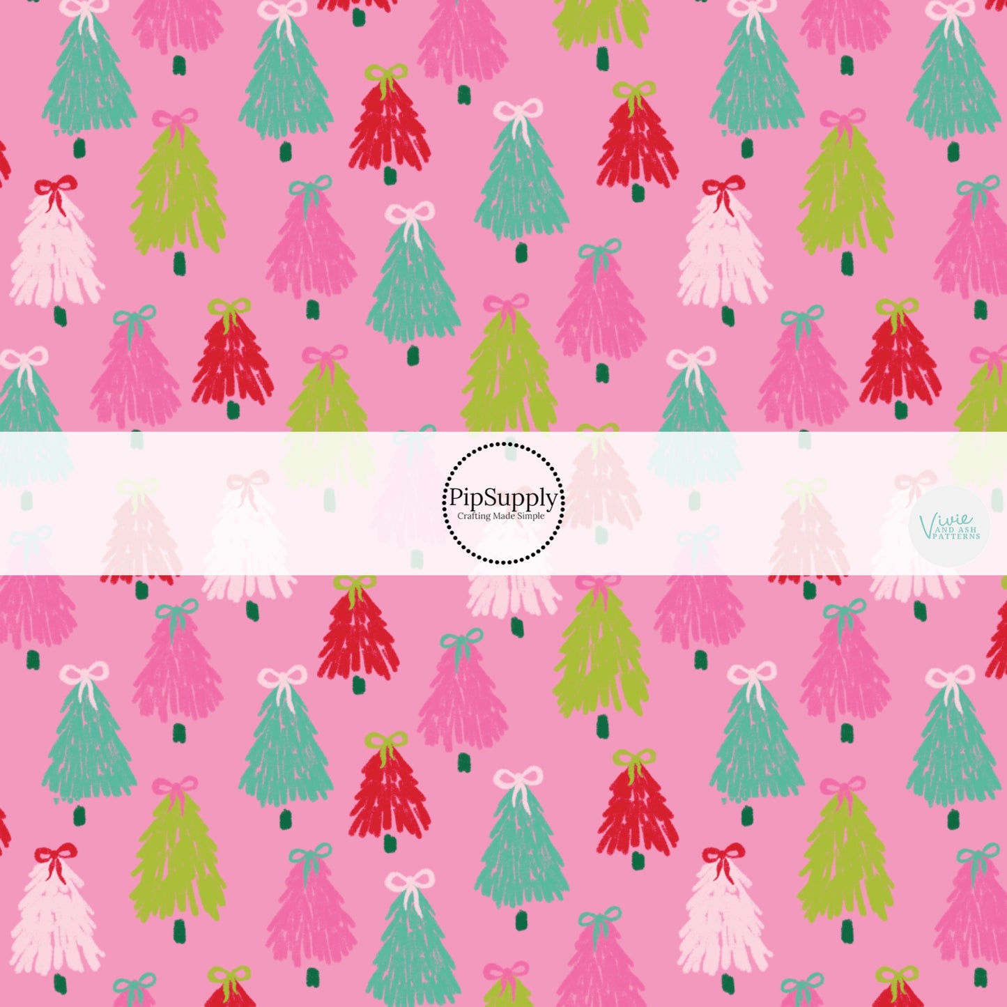 These winter Christmas tree themed pattern fabric by the yard features the following design elements: colorful Christmas trees with bows on pink. This fun themed fabric can be used for all your sewing and crafting needs!