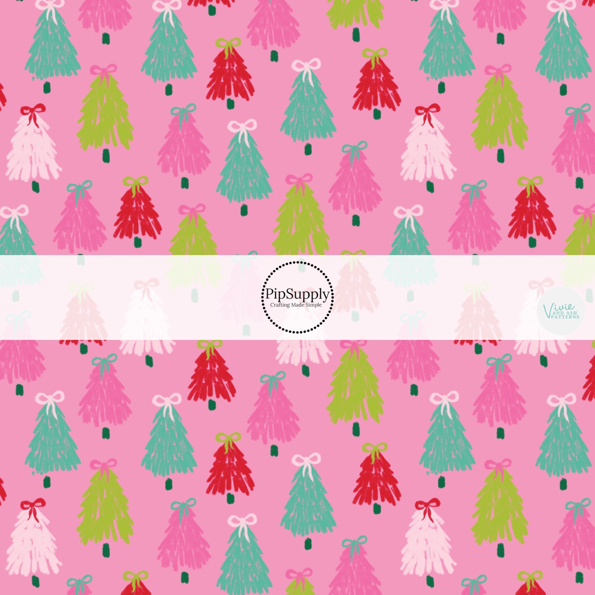 These winter Christmas tree themed pattern fabric by the yard features the following design elements: colorful Christmas trees with bows on pink. This fun themed fabric can be used for all your sewing and crafting needs!