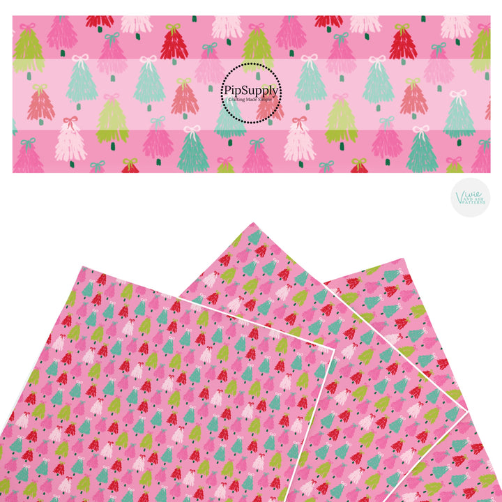 These winter Christmas tree themed pattern faux leather sheets contain the following design elements: colorful Christmas trees with bows on pink. Our CPSIA compliant faux leather sheets or rolls can be used for all types of crafting projects.