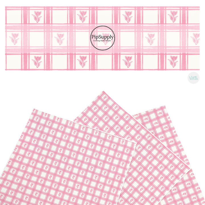 These Easter themed faux leather sheets contain the following design elements: pink tulips on a light pink gingham pattern. Our CPSIA compliant faux leather sheets or rolls can be used for all types of crafting projects.