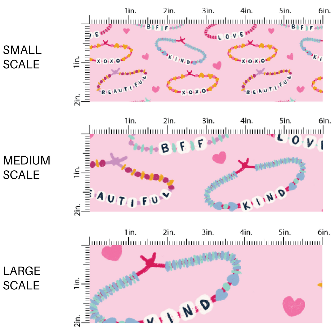 This Valentine's Day themed fabric by the yard features friendship bracelets on pink. This fun pattern fabric can be used for all your sewing and crafting needs!