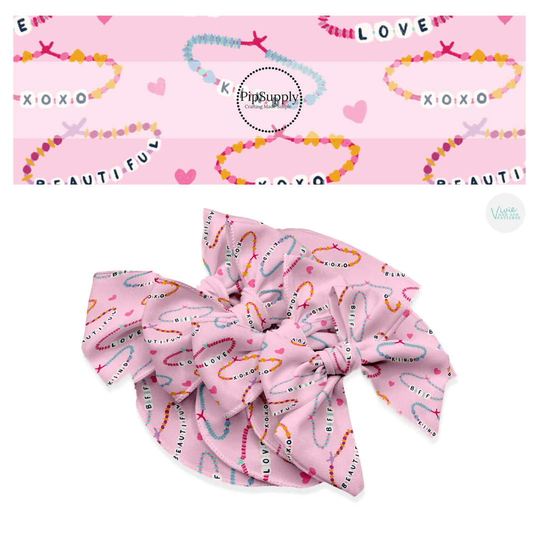 These Valentine's Day pattern themed no sew bow strips can be easily tied and attached to a clip for a finished hair bow. These patterned bow strips are great for personal use or to sell. These bow strips features friendship bracelets.