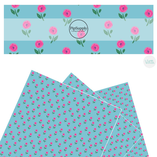 These floral pattern themed faux leather sheets contain the following design elements: pink watercolor poppies on blue. Our CPSIA compliant faux leather sheets or rolls can be used for all types of crafting projects.