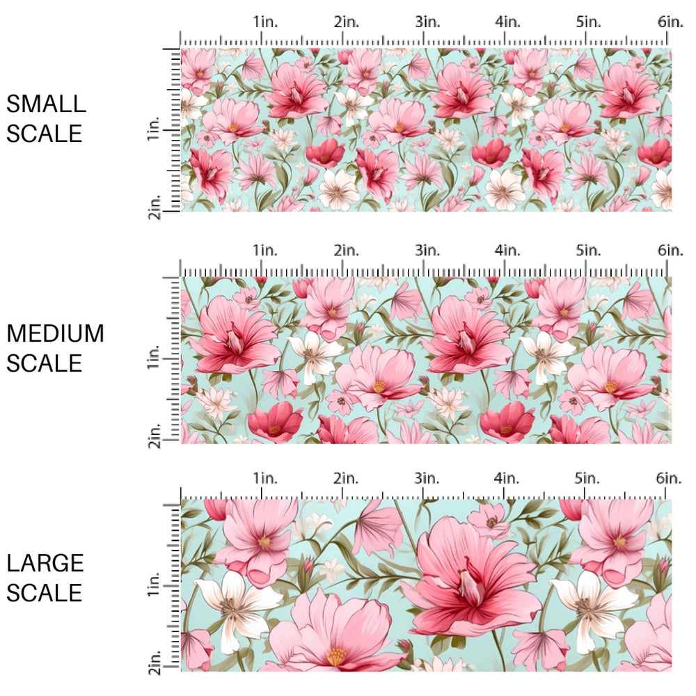 These floral fabric by the yard features pink and cream flowers on blue. This fun pattern fabric can be used for all your sewing and crafting needs!