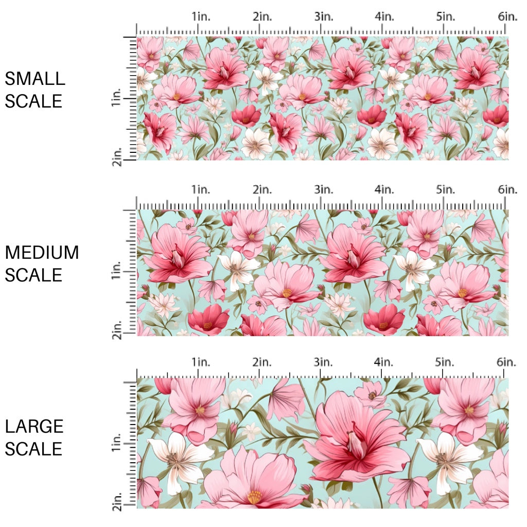 These floral fabric by the yard features pink and cream flowers on blue. This fun pattern fabric can be used for all your sewing and crafting needs!