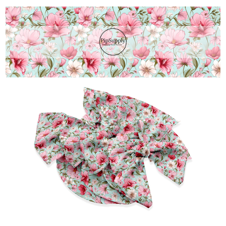 These floral themed no sew bow strips can be easily tied and attached to a clip for a finished hair bow. These festive bow strips are great for personal use or to sell. These bow strips feature the following design elements: pink and cream flowers on blue.