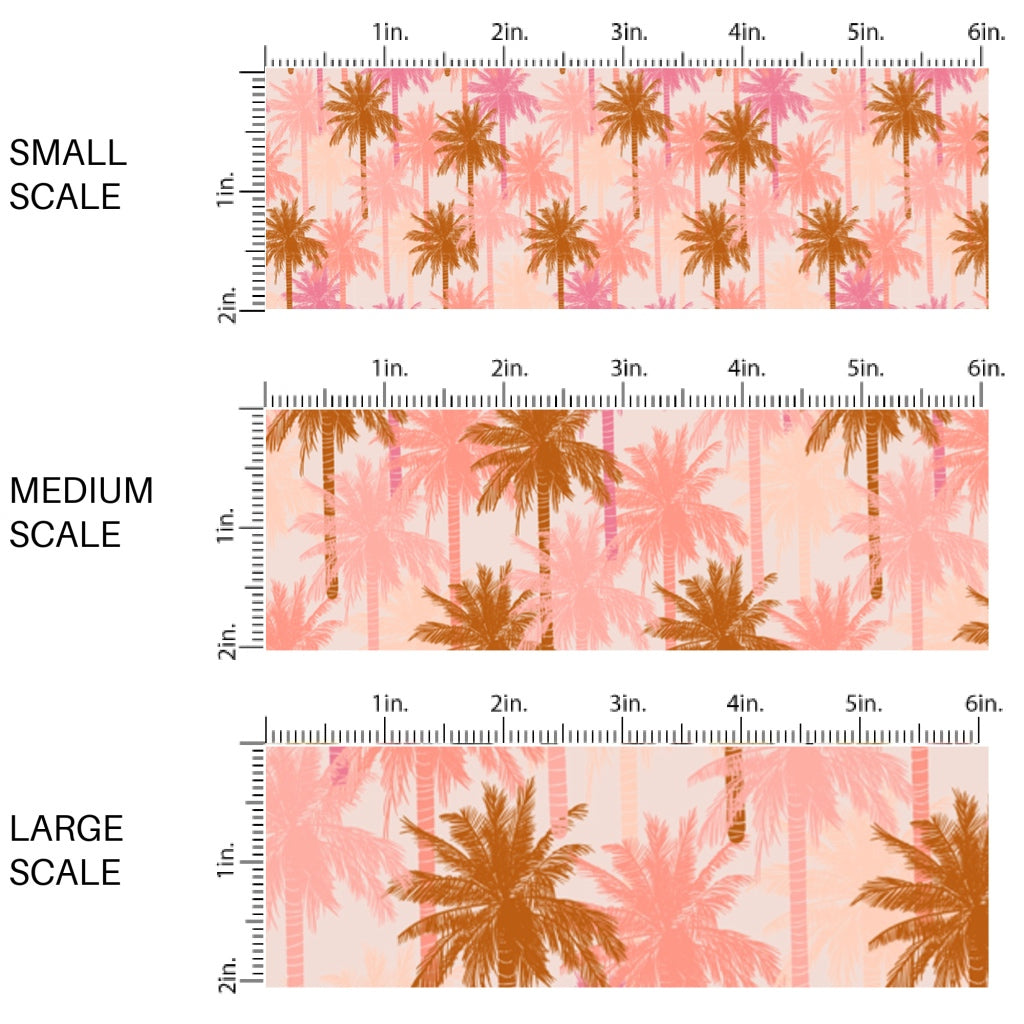 This scale chart of small scale, medium scale, and large scale of this summer fabric by the yard features multi colored pink palm trees. This fun summer themed fabric can be used for all your sewing and crafting needs!