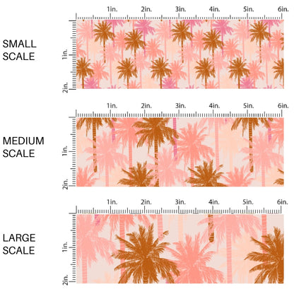 This scale chart of small scale, medium scale, and large scale of this summer fabric by the yard features multi colored pink palm trees. This fun summer themed fabric can be used for all your sewing and crafting needs!