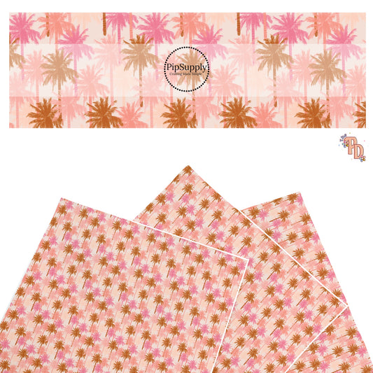 These summer faux leather sheets contain the following design elements: multi colored pink palm trees. Our CPSIA compliant faux leather sheets or rolls can be used for all types of crafting projects.